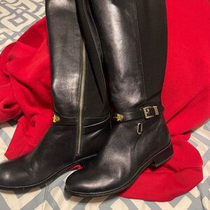 Michael Kors Black Leather Heeled Boots with Gold Accents